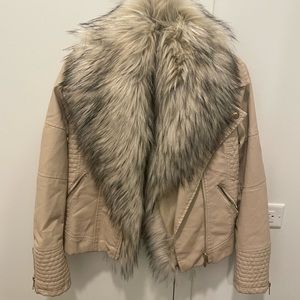 Tan leather jacket with detachable fur